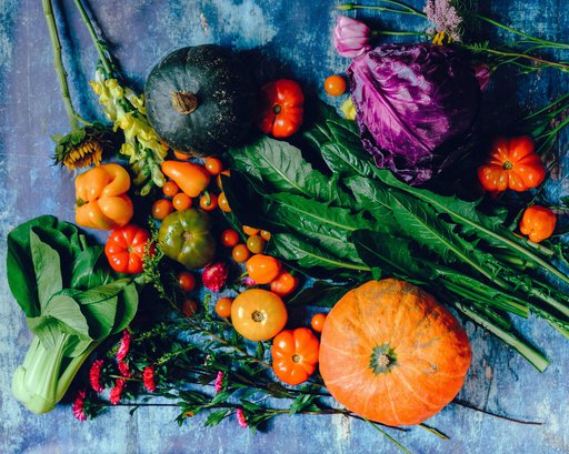 Fall vegetables including kale, squash, pumpkin, red cabbage, tomatoes, bok choy